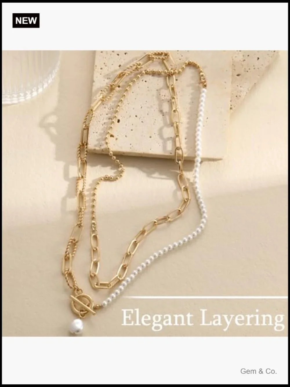 Layered Pearl Chain Necklace with Toggle Clasp, 14K Gold Plated, Trendy Dainty